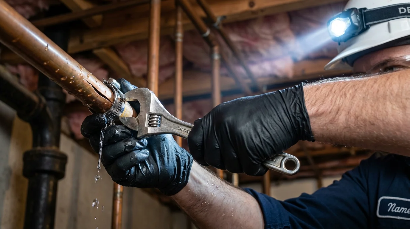 Emergency pipe clamp repair being performed by a Johns Plumbing LLC plumber in Hernando