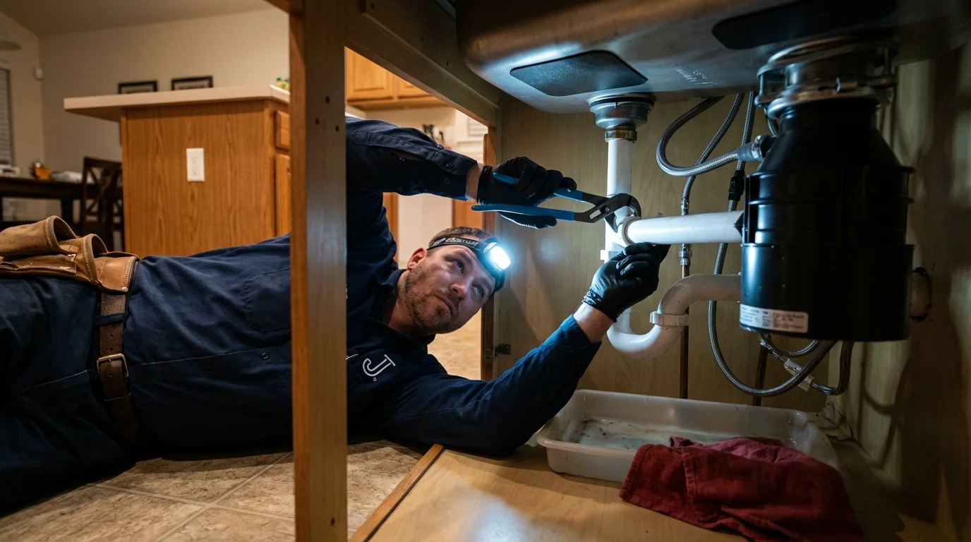 P-trap and supply line connections under a kitchen sink showing a common leak point in Hernando, FL